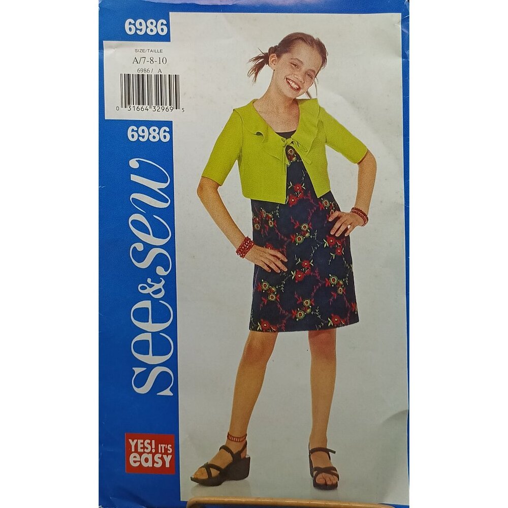 Vintage See & Sew 6986 Sewing Pattern For Girls Dress & Jacket Sizes 7-10 Uncut